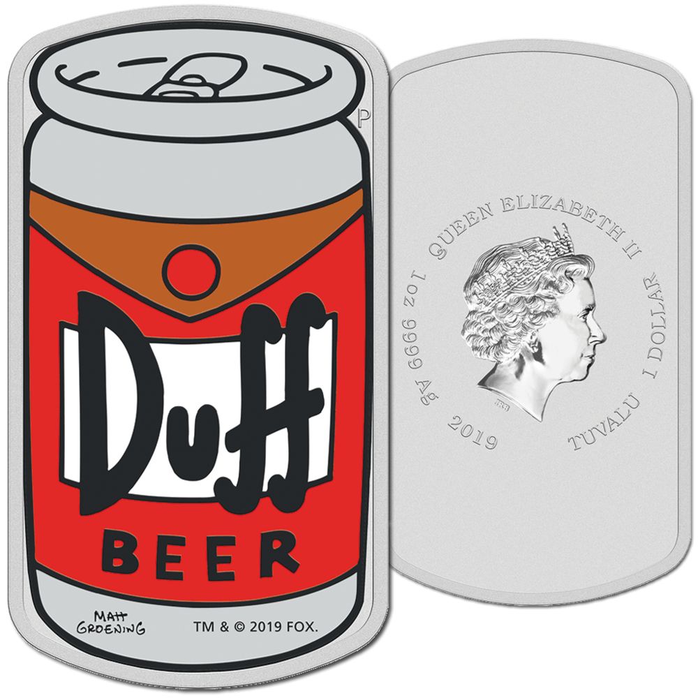 2019 1oz Tuvalu The Simpsons - Duff Beer 9999 Silver Proof Coin