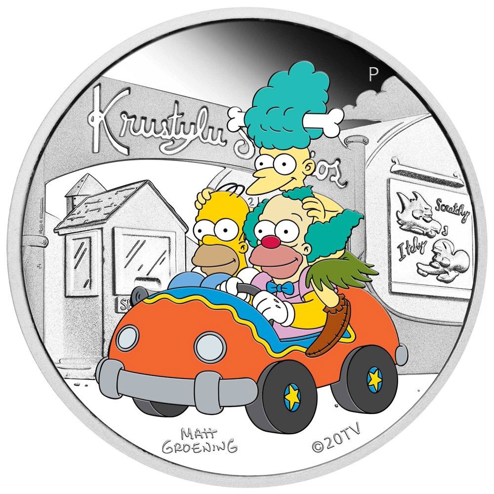 2022 Tuvalu 1 oz Silver The Simpsons Krusty Coloured Proof Coin - Perth Mint