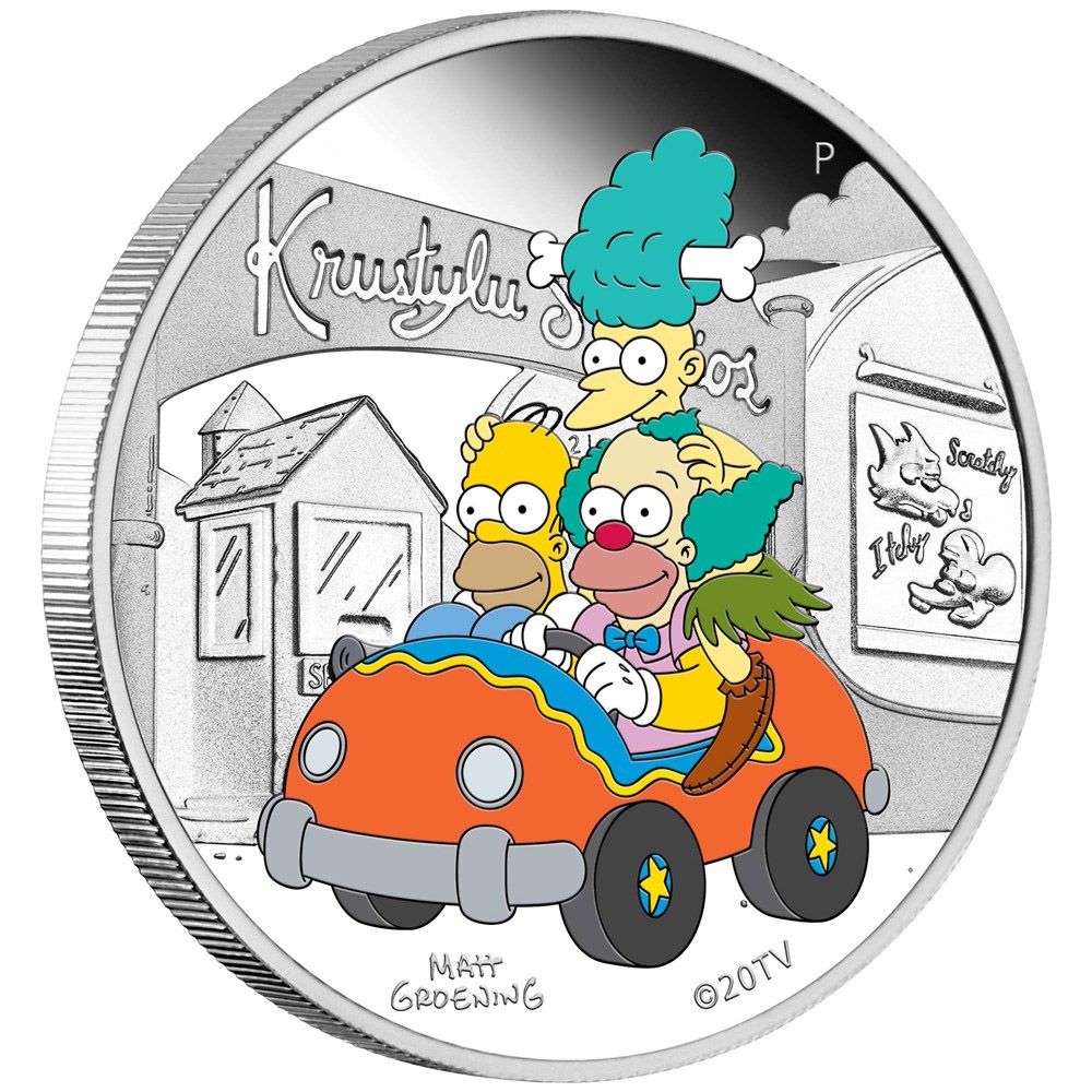 2022 Tuvalu 1 oz Silver The Simpsons Krusty Coloured Proof Coin - Perth Mint