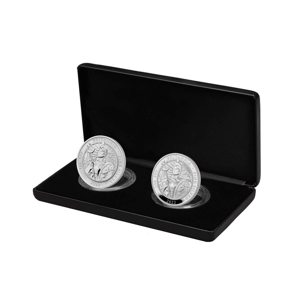 2022 UK 1 oz Silver The Britannia 2 Coin Set Proof and Reverse Coin - Royal Mint

