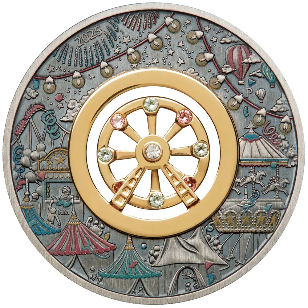 2025 Australia 2 oz Silver Ferris Wheel 2025 Antiqued Coloured Coin