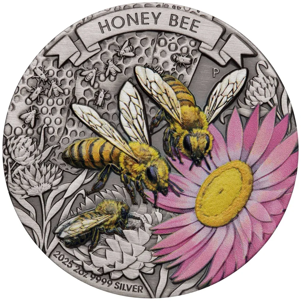 2025 Australia 2 oz Silver Honey Bee Antiqued Coloured Coin