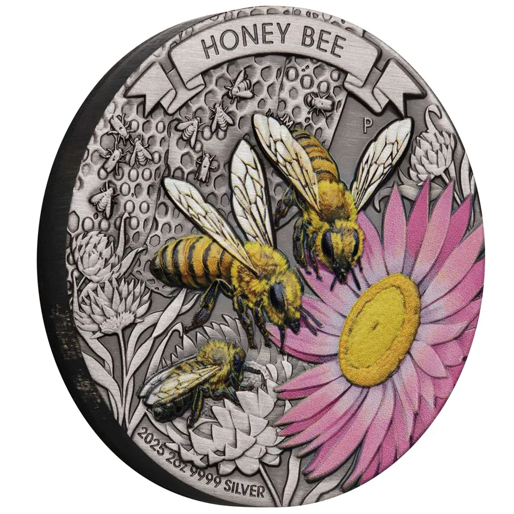2025 Australia 2 oz Silver Honey Bee Antiqued Coloured Coin