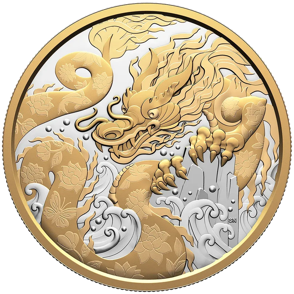 2025 Canada 5 oz .9999 Silver $50 Water Dragon Gold Plated Proof Coin