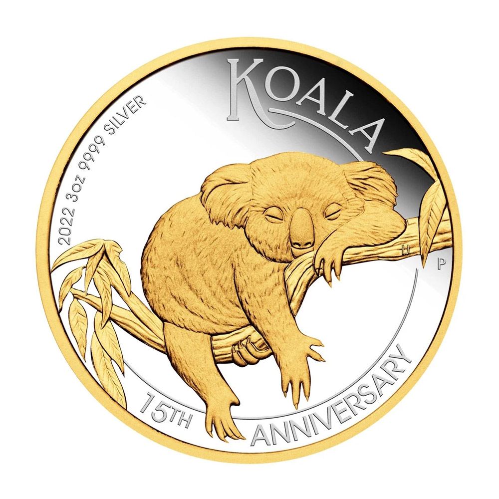 2022 Australia 3 oz Silver Australian Koala 15th Anniversary Gilded Coin