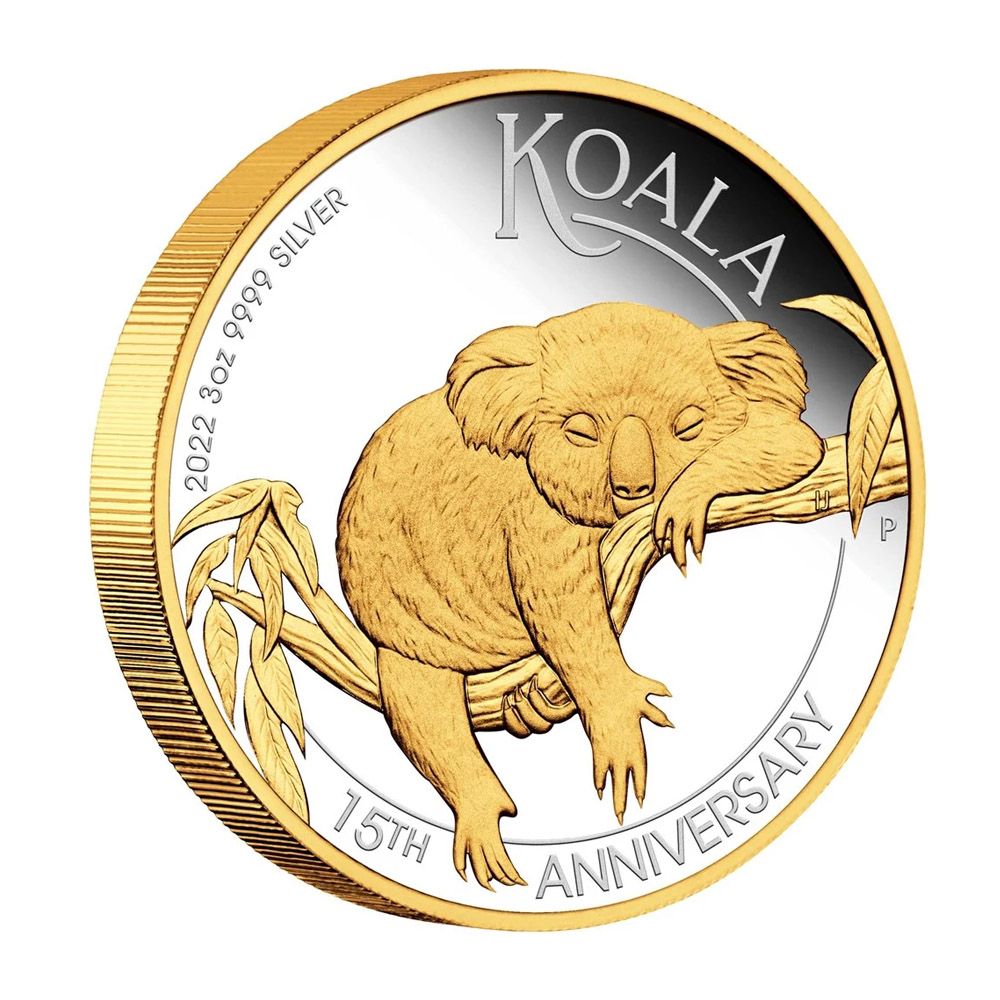 2022 Australia 3 oz Silver Australian Koala 15th Anniversary Gilded Coin