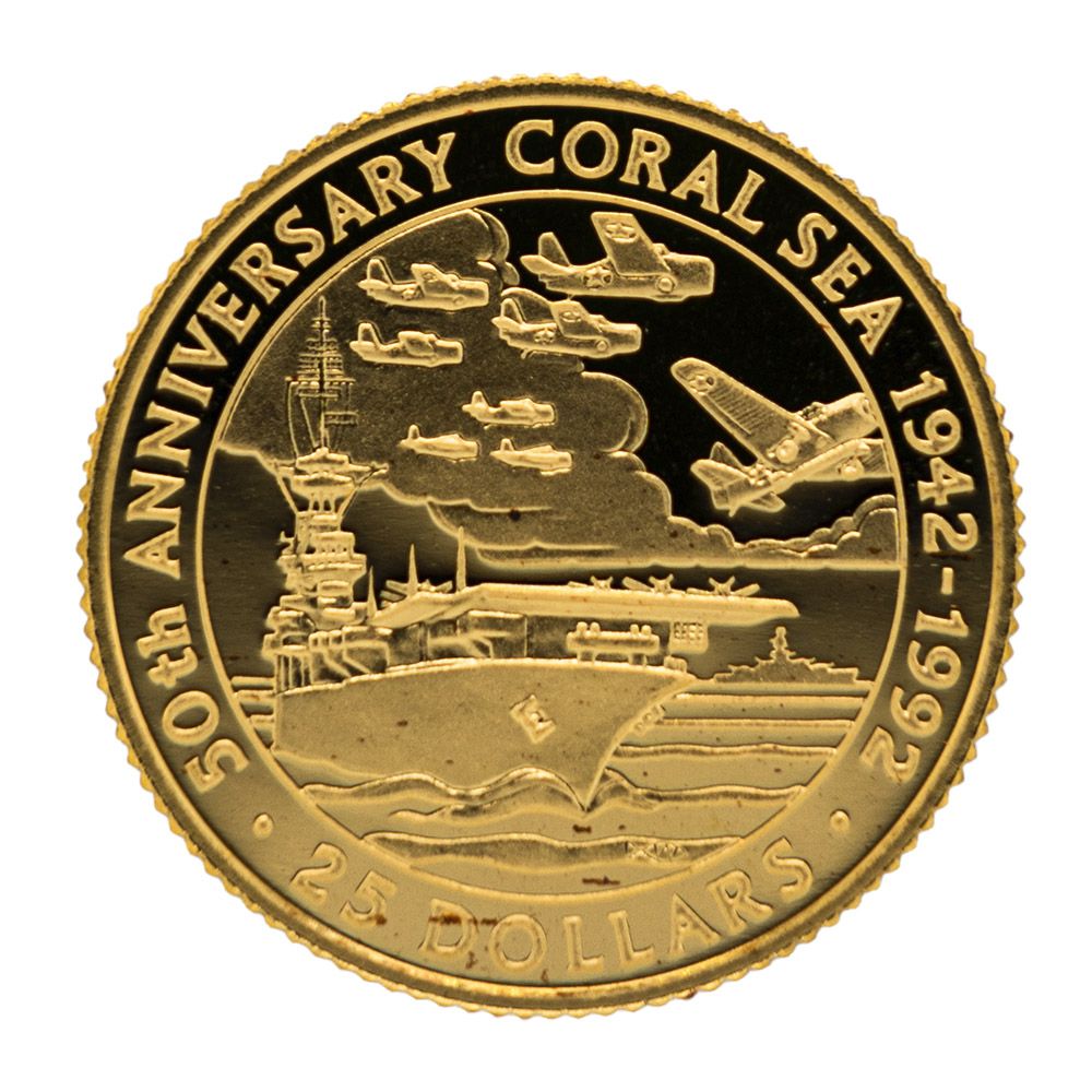 1992 Solomon Islands $25 50th Anniversary of Coral Sea Gold Proof Coin
