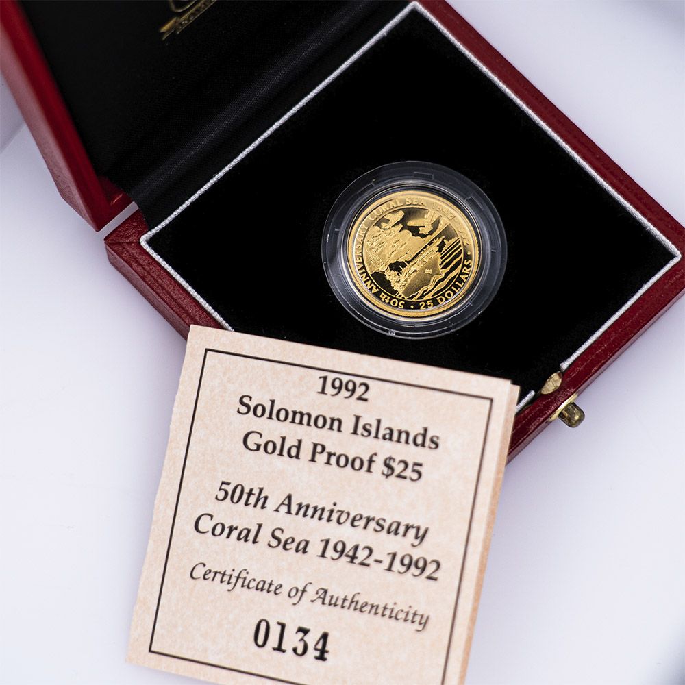 1992 Solomon Islands $25 50th Anniversary of Coral Sea Gold Proof Coin