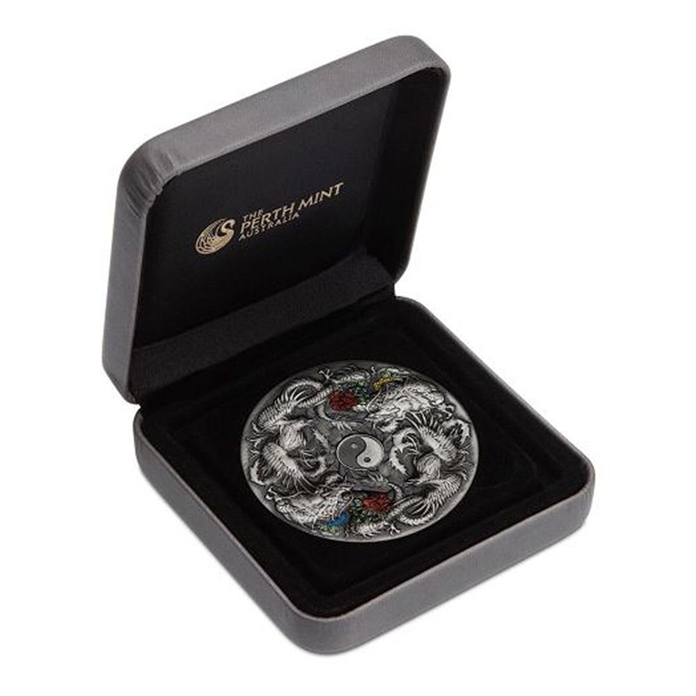 2021 2oz Tuvalu Double Dragon & Phoenix Silver Antiqued Coin