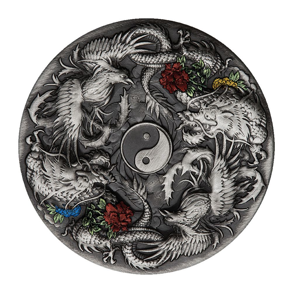 2021 2oz Tuvalu Double Dragon & Phoenix Silver Antiqued Coin