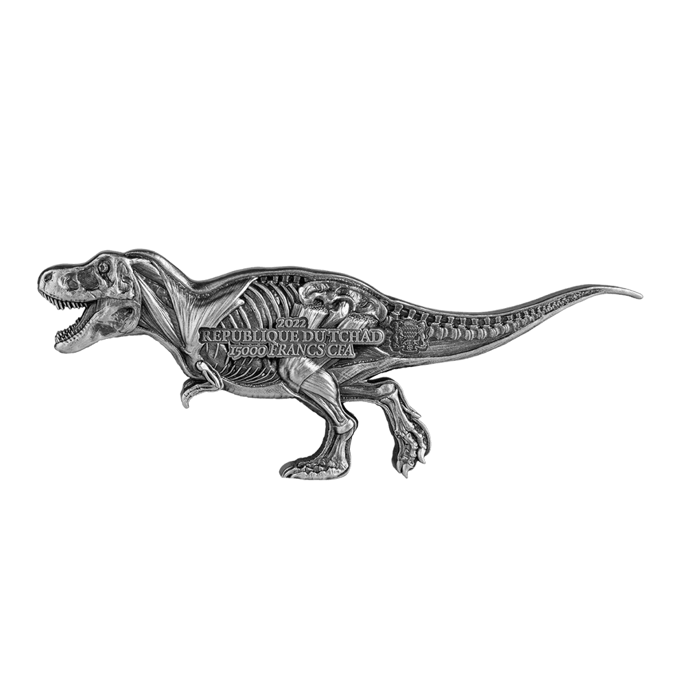 2022 Republic of Chad 3 oz .9999 Silver Tyrannosaurus Dissected Antiqued Coin
