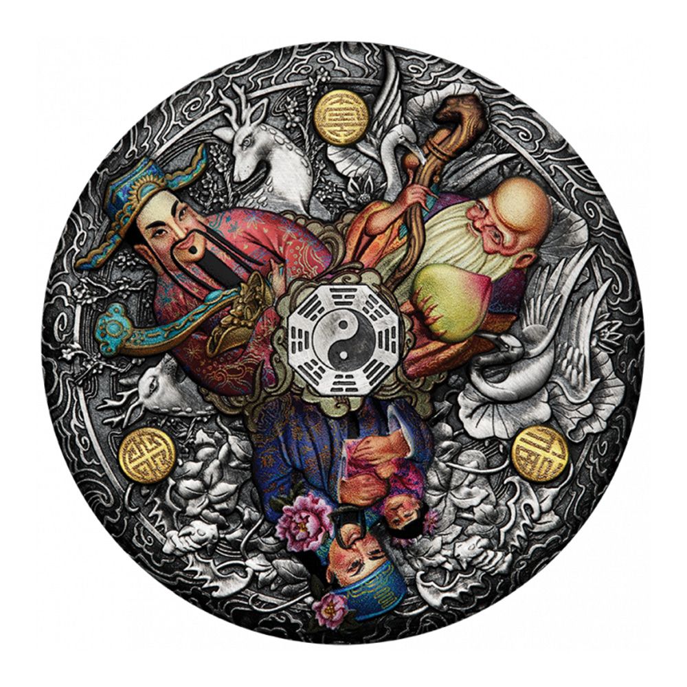 2021 Tuvalu 5 oz .9999 Silver  Fu Lu Shou Coloured Antiqued Coin - Perth Mint
