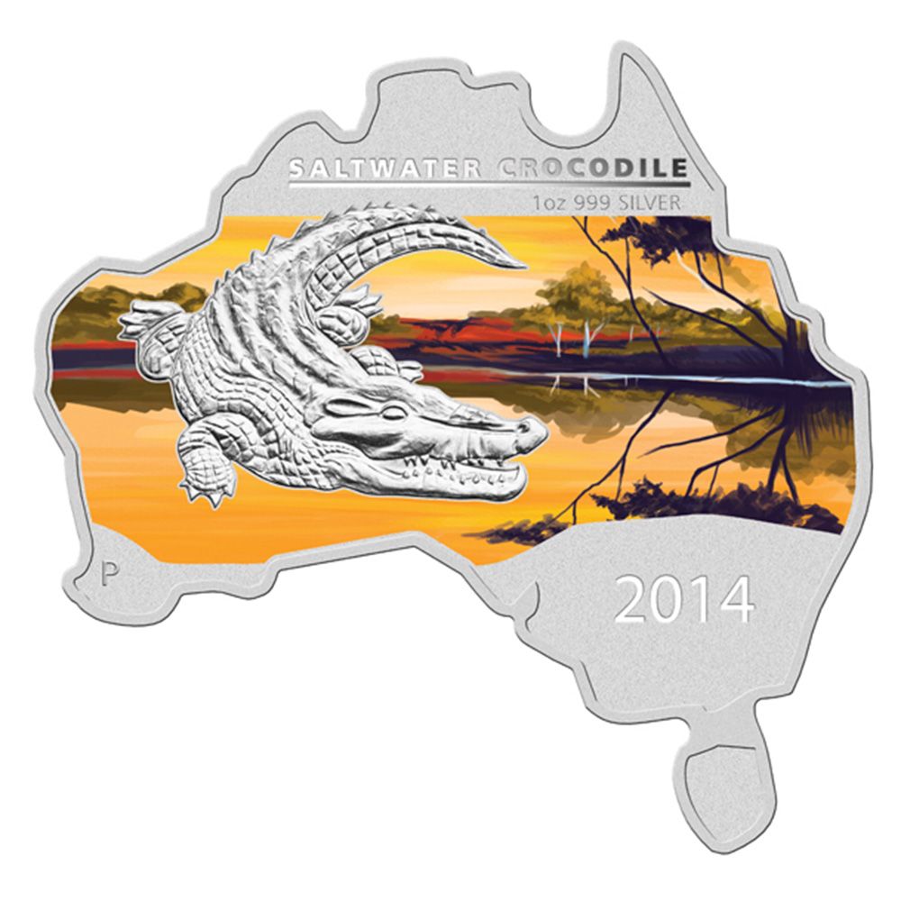 2014 Australian Map Shaped Saltwater Crocodile 1oz Silver Coin