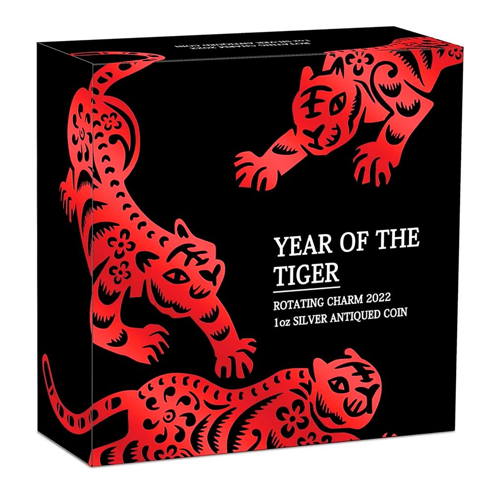 2022 1oz Perth Mint Silver Antiqued Coin - Rotating Charm "Year of the Tiger"
