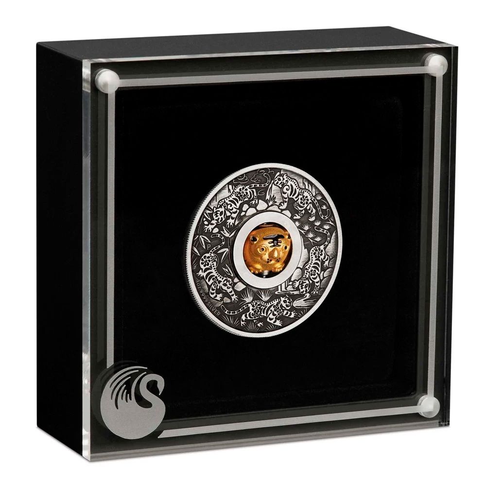 2022 1oz Perth Mint Silver Antiqued Coin - Rotating Charm "Year of the Tiger"