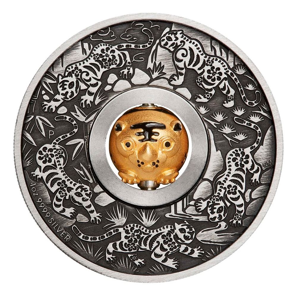 2022 1oz Perth Mint Silver Antiqued Coin - Rotating Charm "Year of the Tiger"