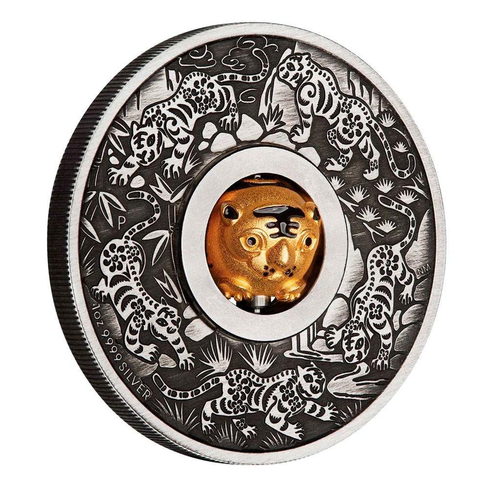 2022 1oz Perth Mint Silver Antiqued Coin - Rotating Charm "Year of the Tiger"