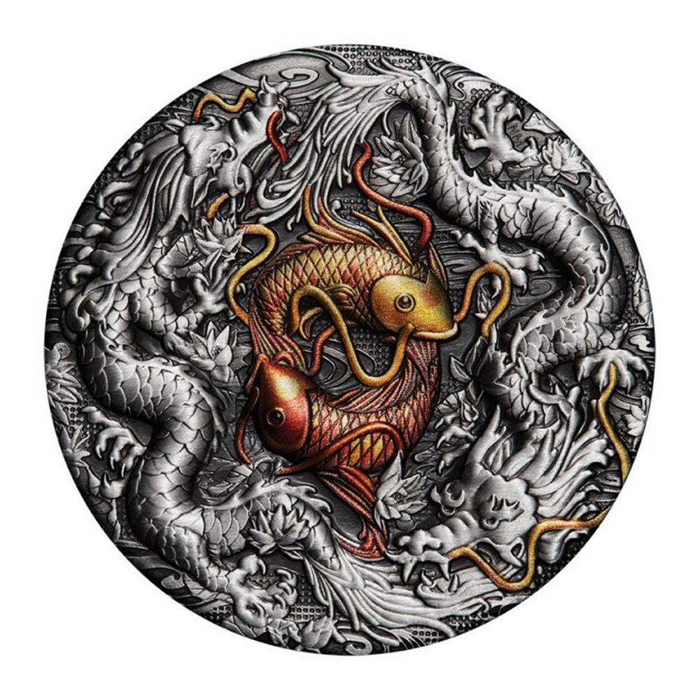 2021 2oz Tuvalu Double Dragon and Yin Yang Koi .9999 Silver Coloured Antiqued Coin